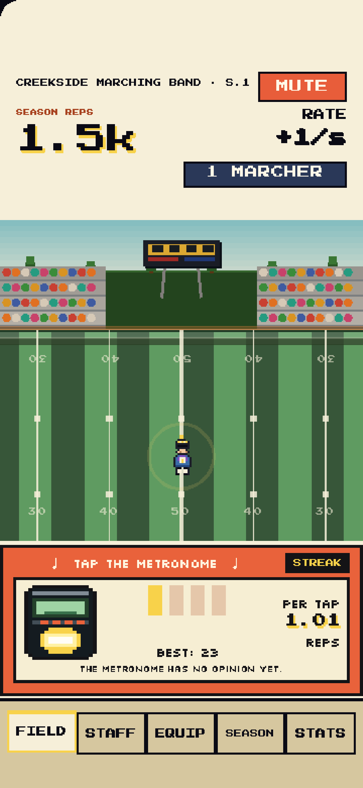 Marching Tycoon field screen with one marcher and the metronome tap panel.