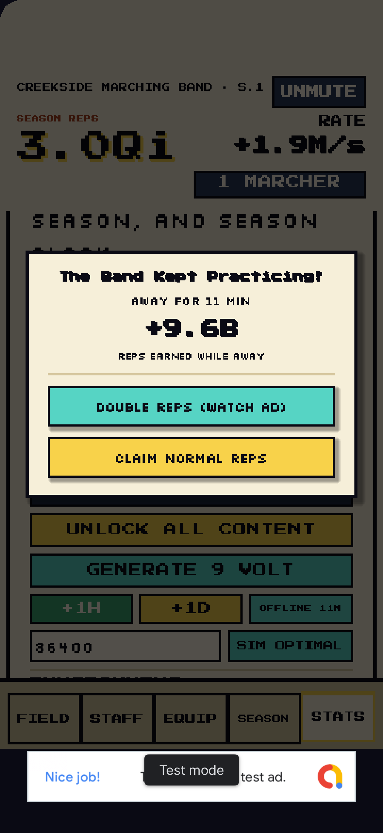 Offline progress popup in Marching Tycoon.