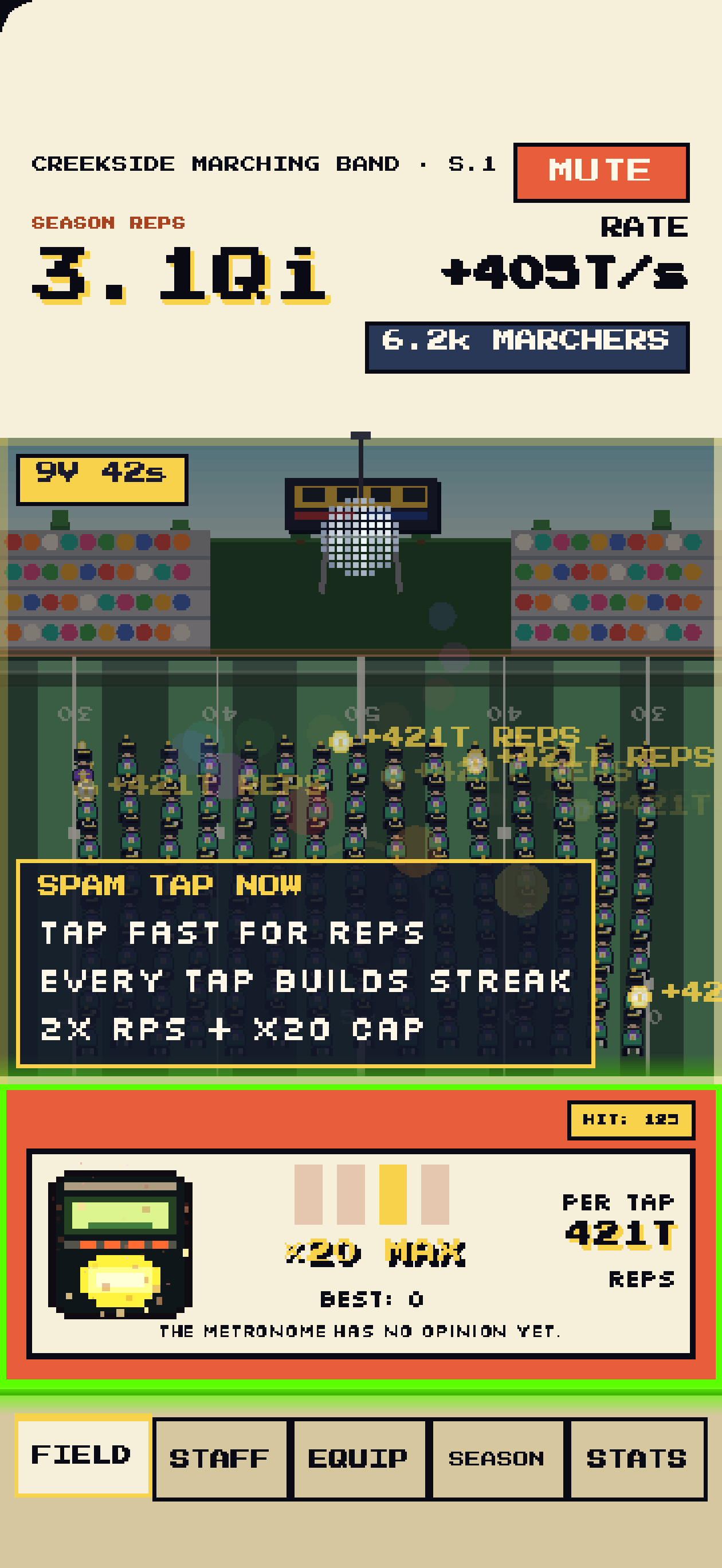 Marching Tycoon rhythm streak gameplay with the field full of performers.